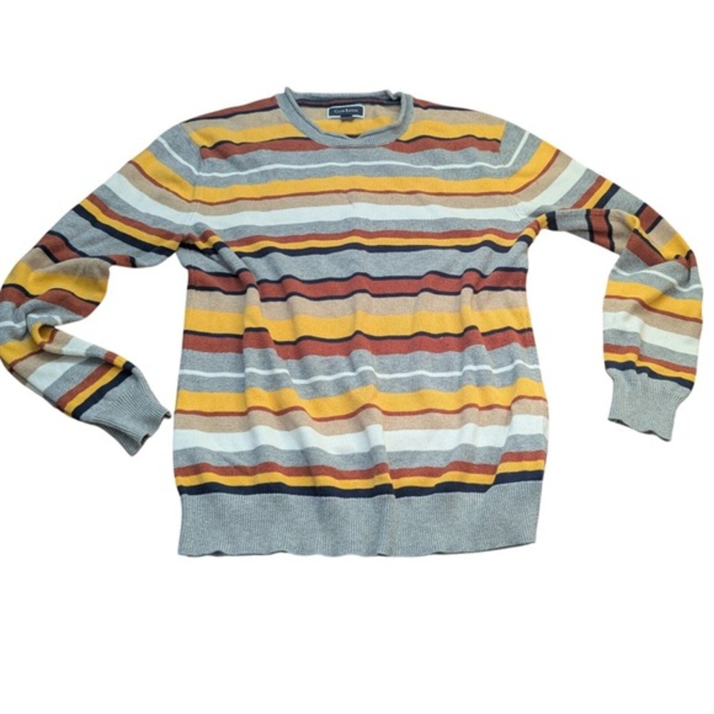 Club Room Mens Striped Crewneck Sweater Yellow Grey Orange Cotton Small
